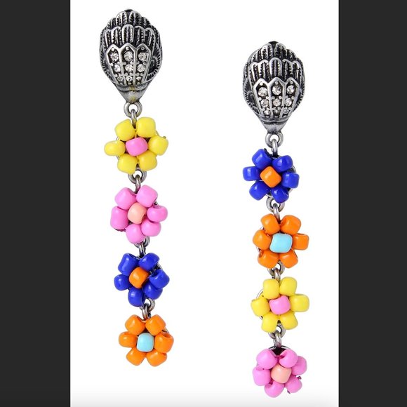 Kurt Geiger London Beaded Colorful Flower Drop Dangly Silver Eagle Head Earrings - Picture 2 of 11